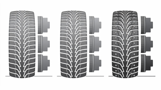 Flat vector comparison of tyre tread sipes and rubber hardness across Central European 3PMSF, Nordic studless friction and studded winter tyres
