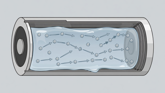 Flat vector cutaway of a lithium-ion cell showing sluggish ion transport through cold viscous electrolyte and temporary cold-locked capacity