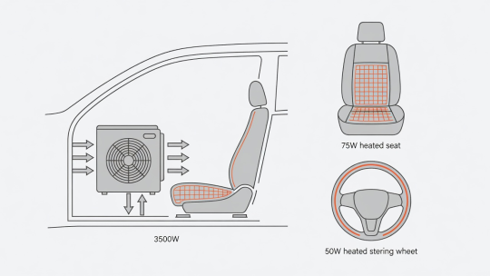 Flat vector cabin diagram comparing 3500W cabin air blower load against 75W heated seat and 50W heated steering wheel conductive zones